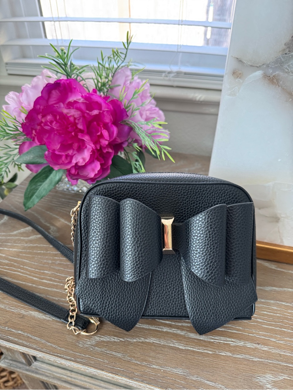 Black Bow Crossbody Bag with Gold Accent